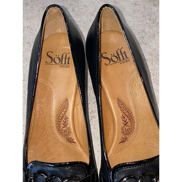 New Sofft Black Leather Heeled Ronna Loafers 7.5M Classic Chain Detail Comfort W - Picture 7 of 7
